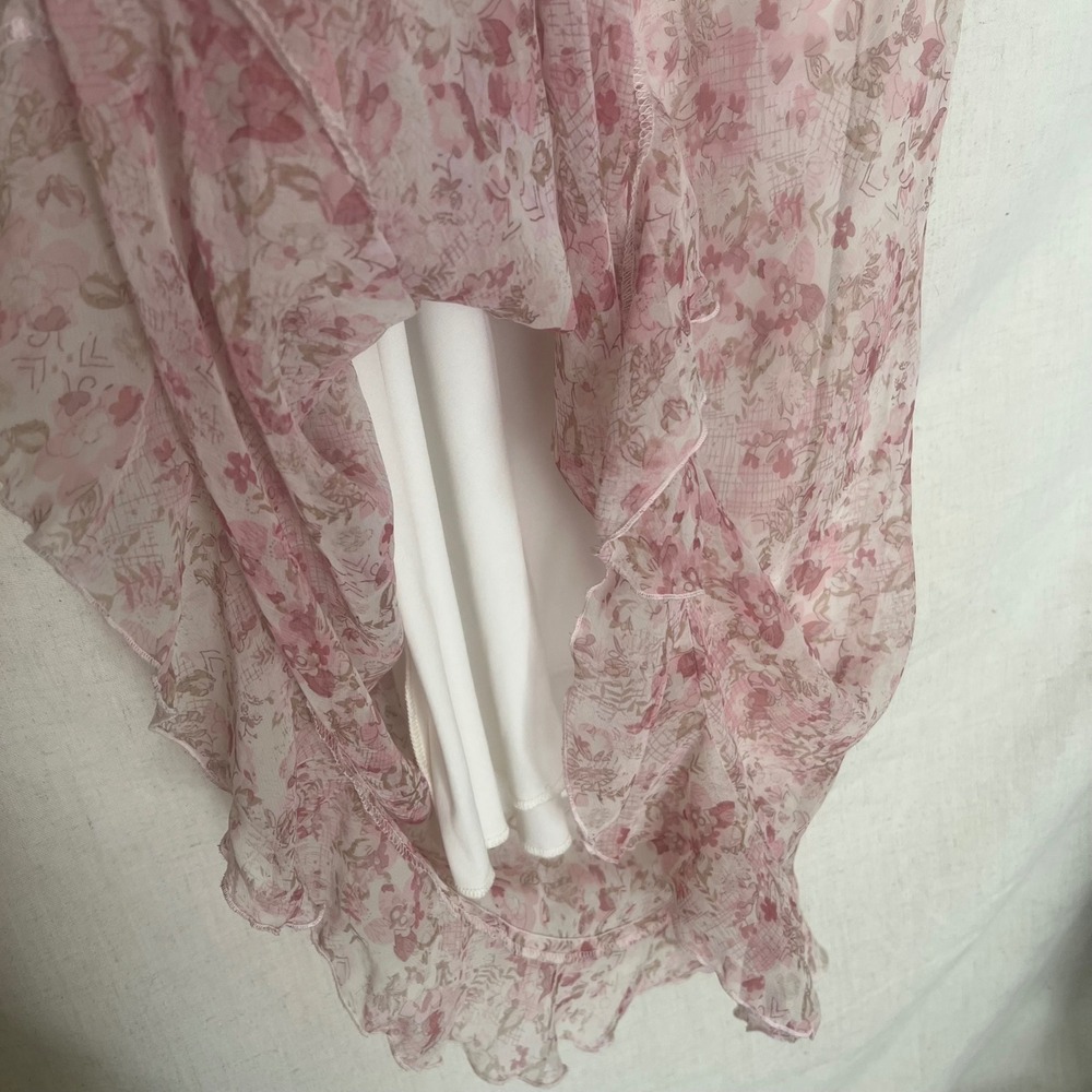 Vintage Believe Floral Pink Beige Sheer Ruffle Hem Dress Women's Size 10 - Picture 5 of 8